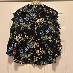 NWOT Investment Black Tropical Blouse with Open Ruffle Sleeve Detail
